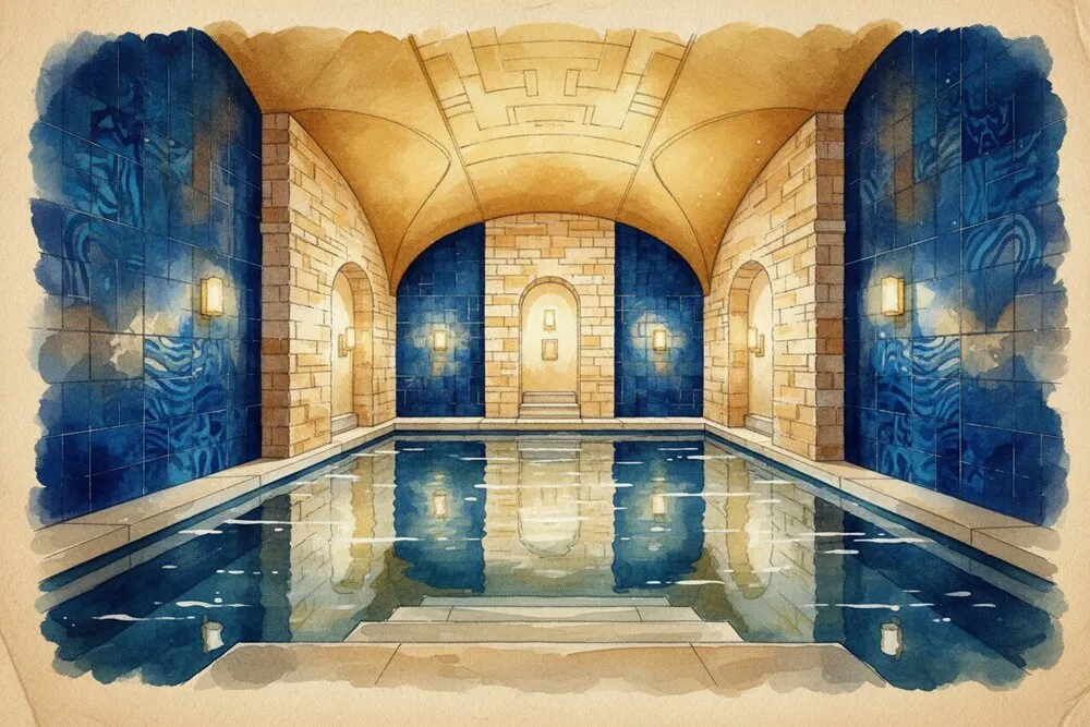 Watercolor illustration of a beautiful mikvah interior