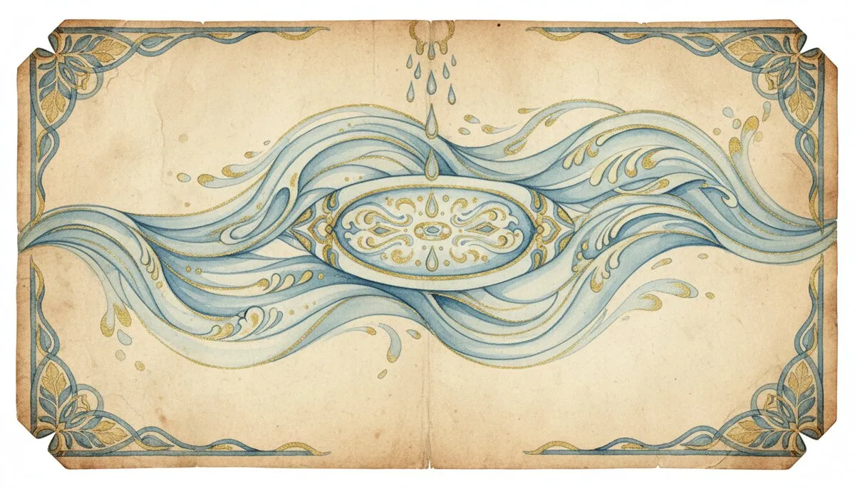 Watercolor illustration of flowing sacred waters on parchment